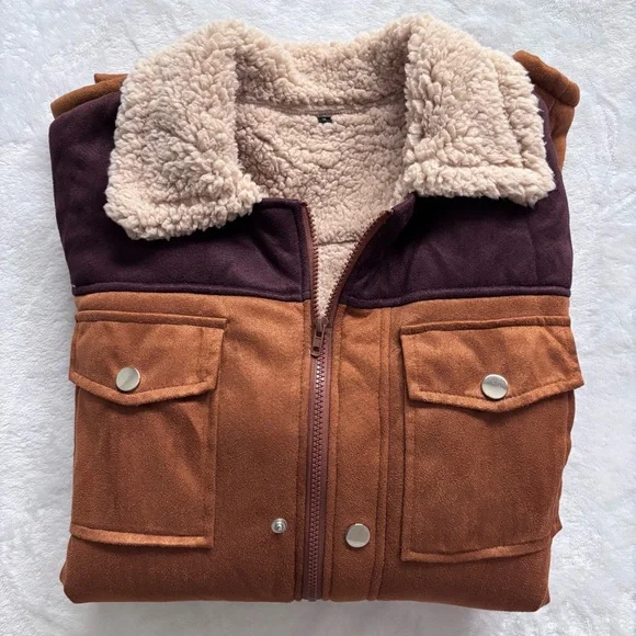 Men's Brown Faux Suede Sherpa Zippered Chore Jacket--NEW--S - Picture 12 of 15